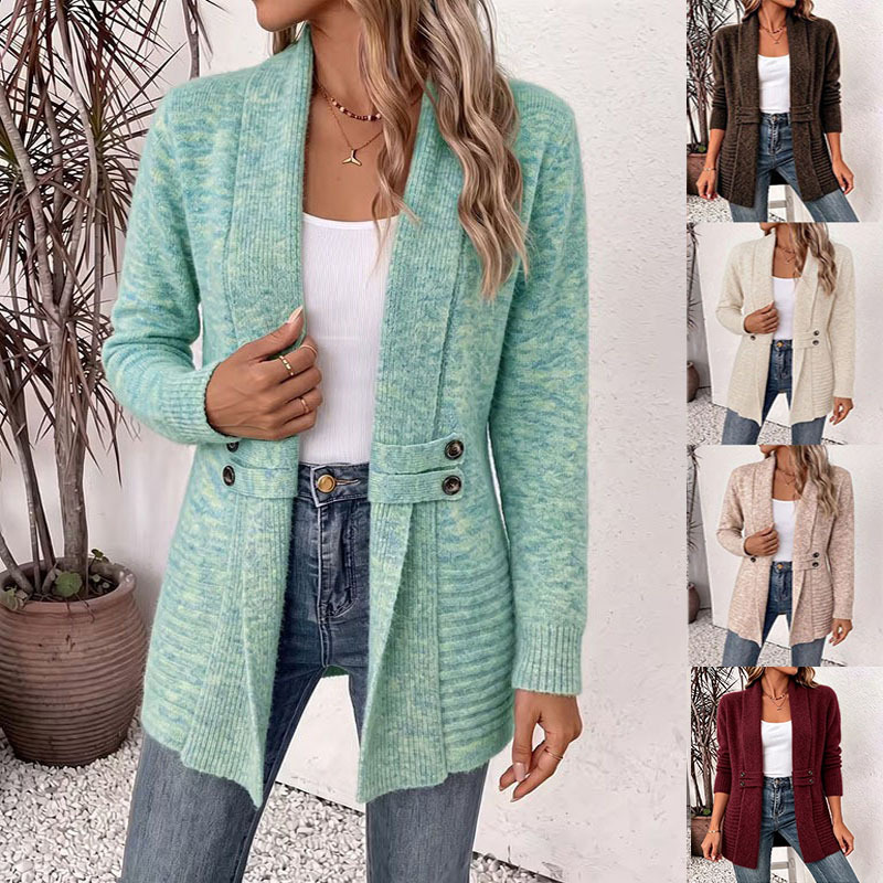 Site independent Amazon Cardigan cu curea decorativă la două rânduri, stil leneș Pulover versatil de lungime medie pentru femei