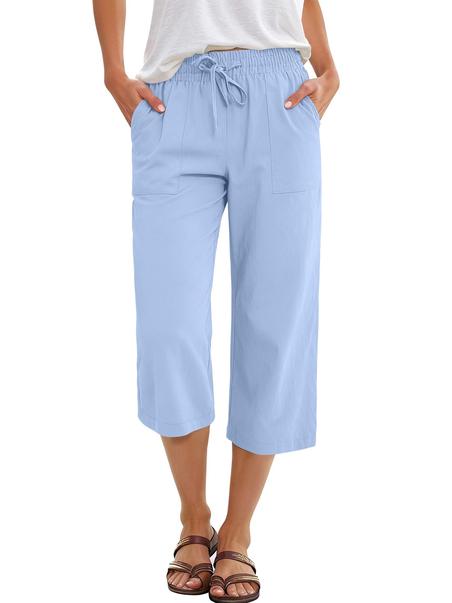 Wish Spring And Autumn European And American Women's Fashion Solid Color Cotton Linen Loose Drawstring Wide-Leg Casual Pants For Women — image 13 of 16
