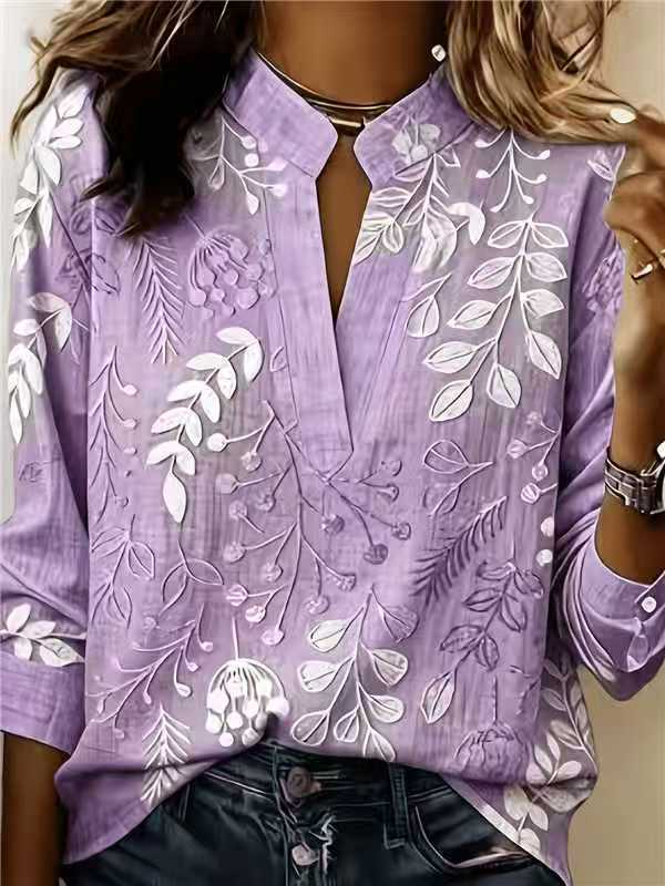 Chemisier à manches longues avec imprimé floral et feuilles de bohème pour femmes, col cranté sur pied, ouverture goutte d'eau, col en V, coupe ample, chemise tunique décontractée