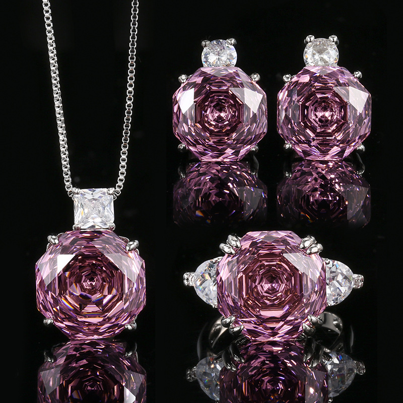Women Rose Tone Cubic Zirconia Jewelry Set, 3Pcs Floral Inlaid Pendant Necklace Stud Earrings Adjustable Ring, European American Elegant Daily Accessories product image