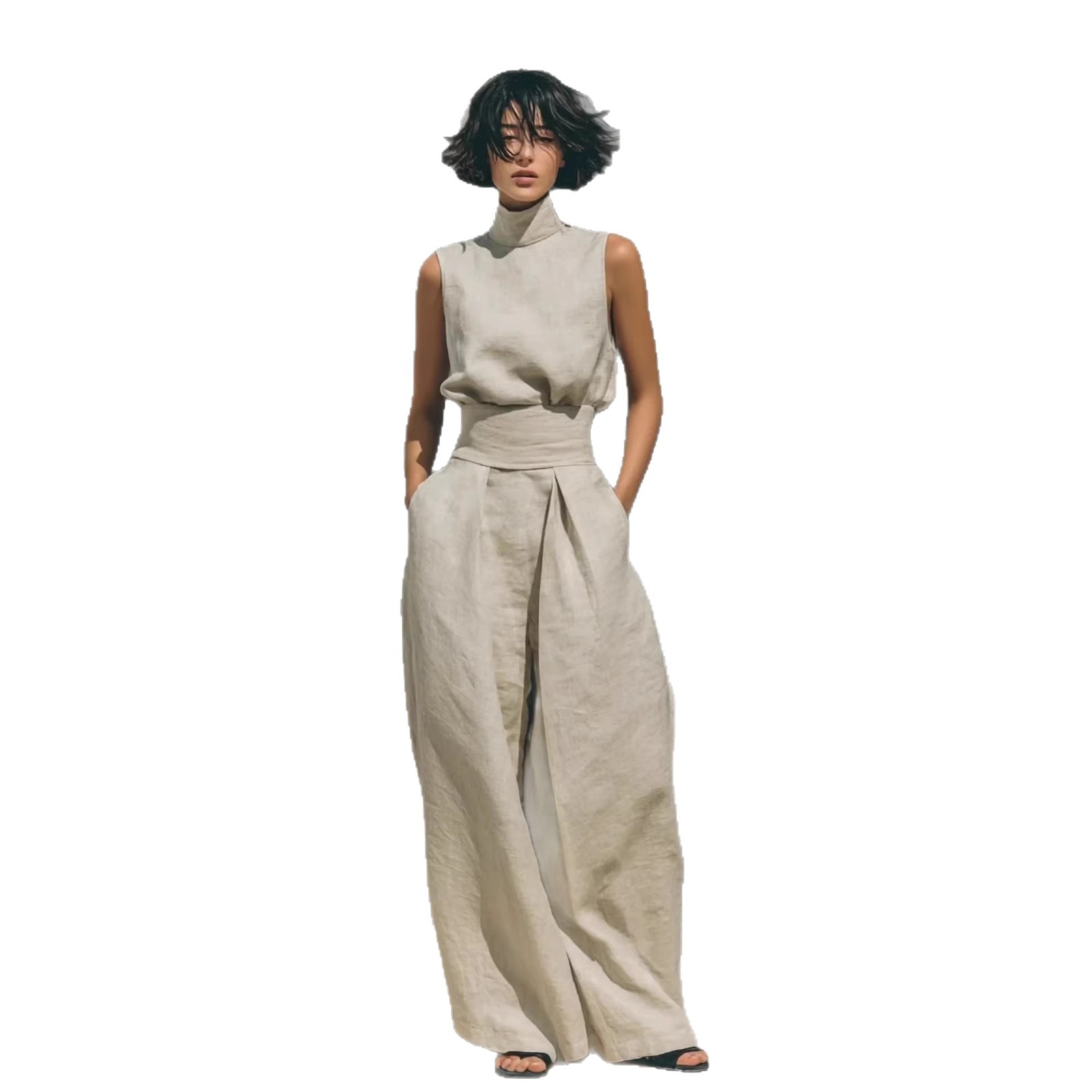 Cotton And Linen Sleeveless Trousers Casual Suit Women (Sky