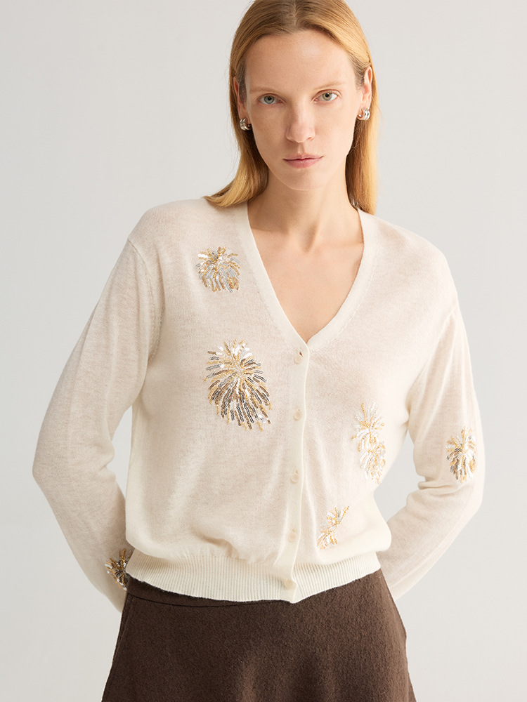 Sequin Firework Embellished Basolan Wool V-Neck Cardigan