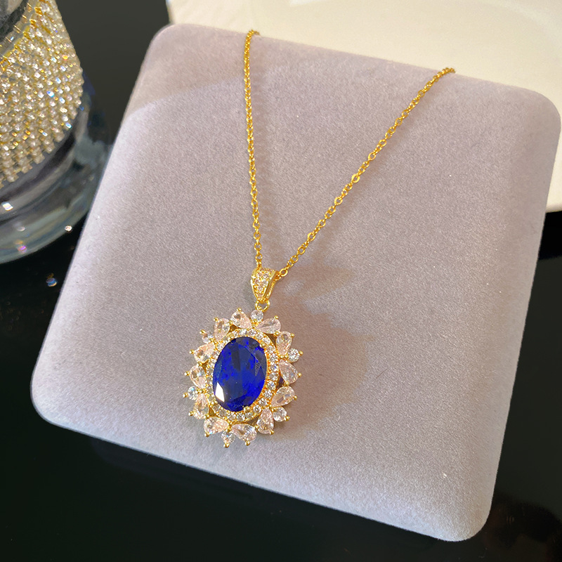Cross-Border European And American Retro Blue Necklace Set With High-End Zircon Inlay And Light Luxury Jewelry