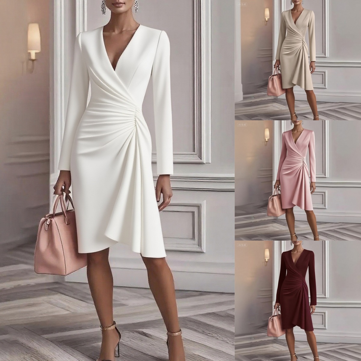 2025 European And American Cross-Border Amazon New Autum Fashion Cross V Neck Waist Pure Color Long-Sleeved Dress For Women
