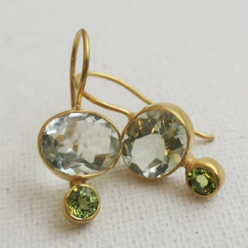 Elegant Green Crystal Drop Earrings Gold Tone