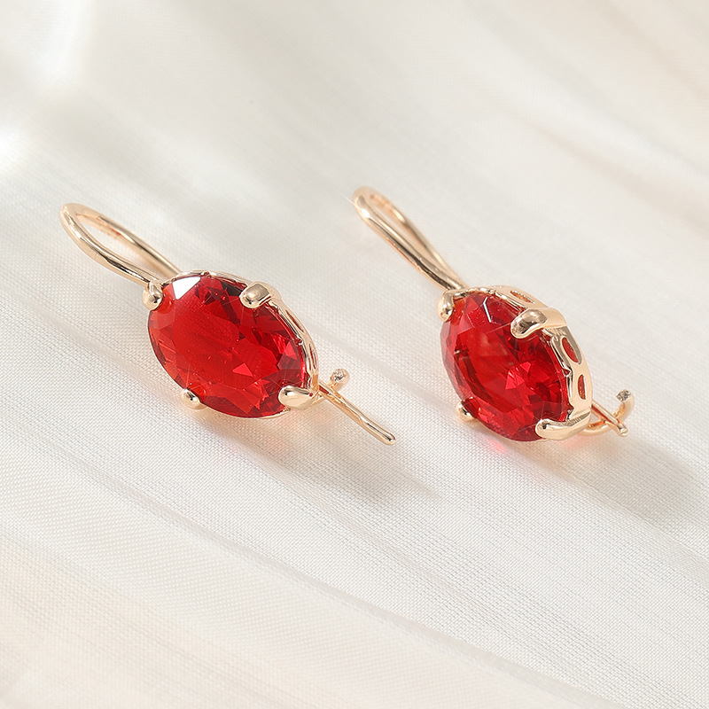 Elegant Red Oval Crystal Drop Earrings Gold Tone Brass Women Wedding Party Daily Fashion Jewelry