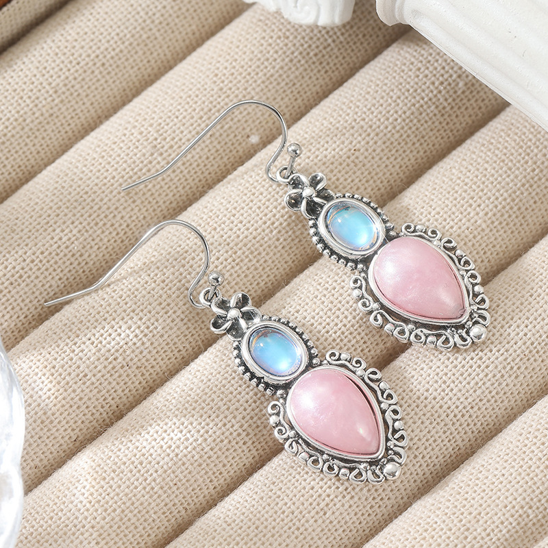 Vintage Blush Opal Color Teardrop Earrings Silver Tone Brass Women Floral Boho Fashion Jewelry Elegant