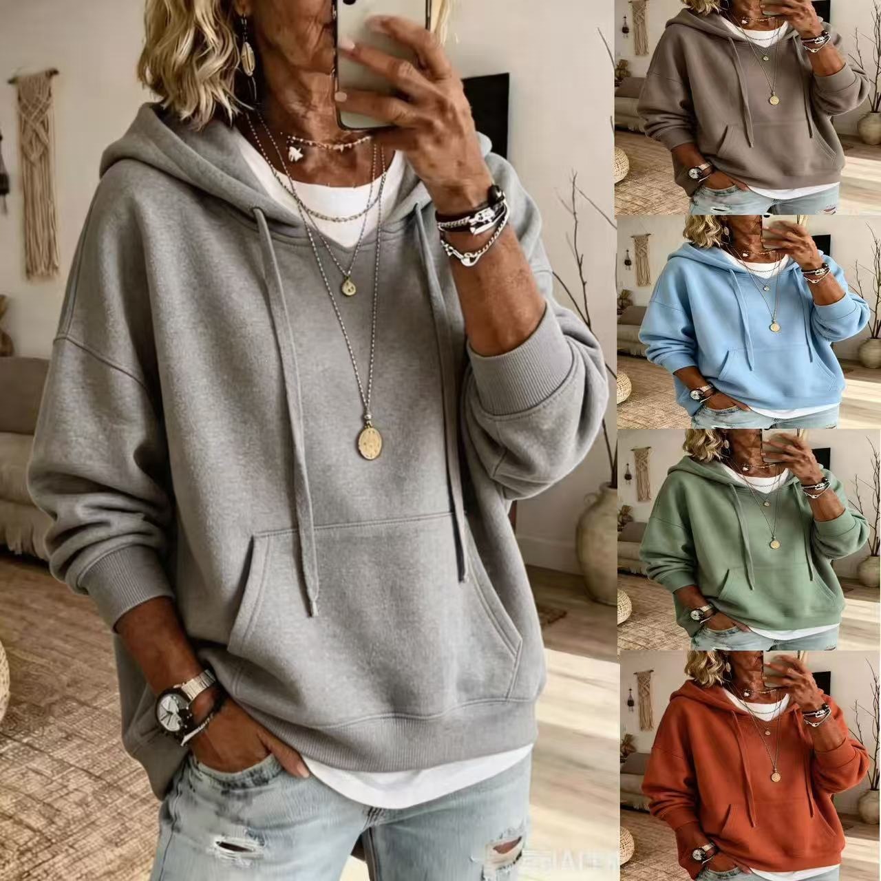 Women Casual Solid Pullover Hoodie Long Sleeve