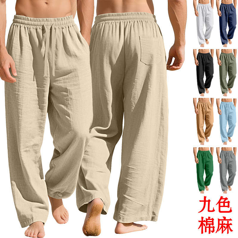 European And American Cross-Border Men's Clothing Linen Loose Casual Sports Pants With Pockets And Drawstring Solid Color Trendy Business Pants
