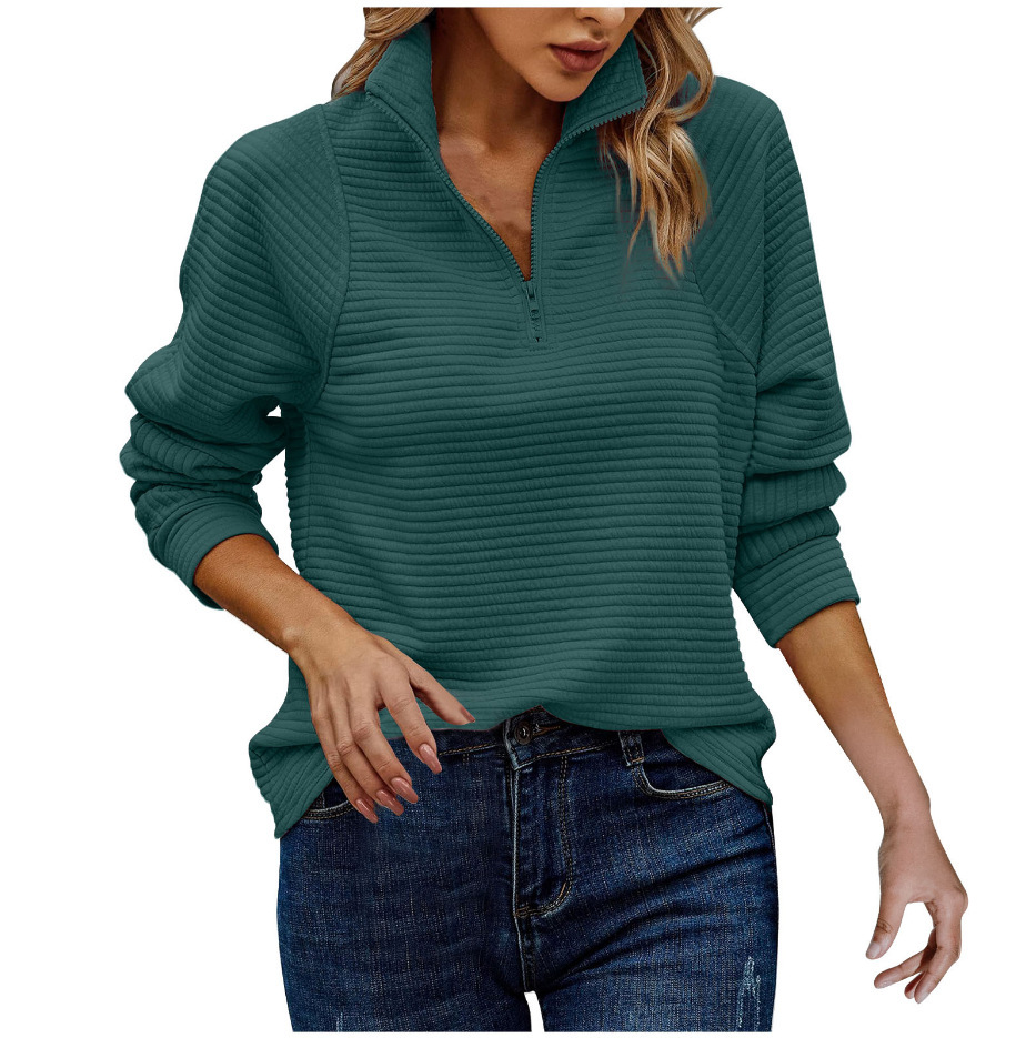 Autumn And Winter New Cross-Border European And American Amazon Comfortable Loose Snake Bone Pattern Solid Color Stand Collar Zipper Sweatshirt — image 14 of 15