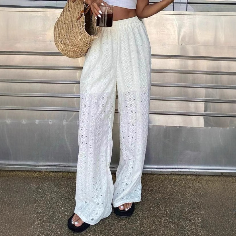 Women Summer Solid Hollow-Out Embroidered Long Pants