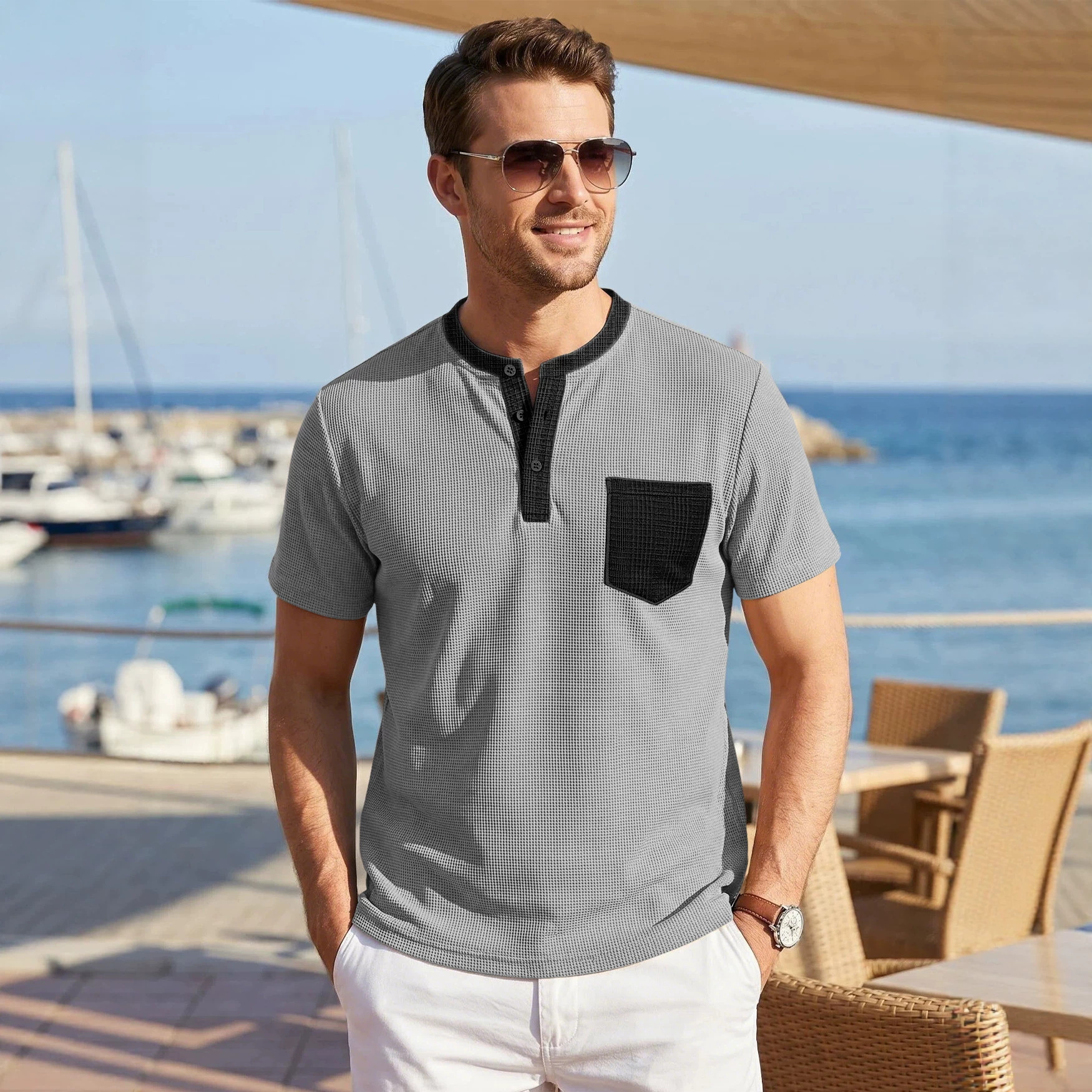 Men Waffle Knit Henley T Shirt With Contrast Color Pocket Plus Size Casual Breathable Short Sleeve