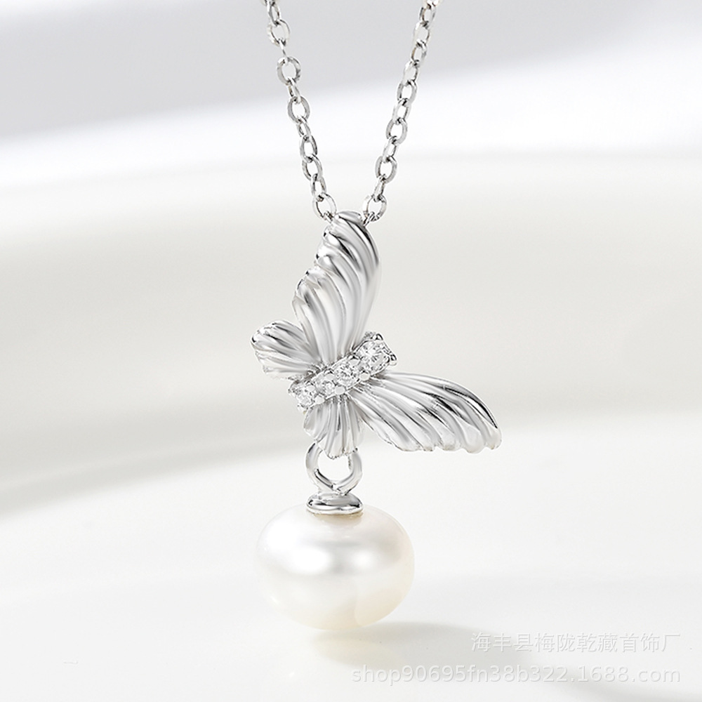 New S925 Sterling Silver Butterfly Pearl Clavicle Pendant, Light Luxury Niche High-End Style Necklace Accessories Wholesale