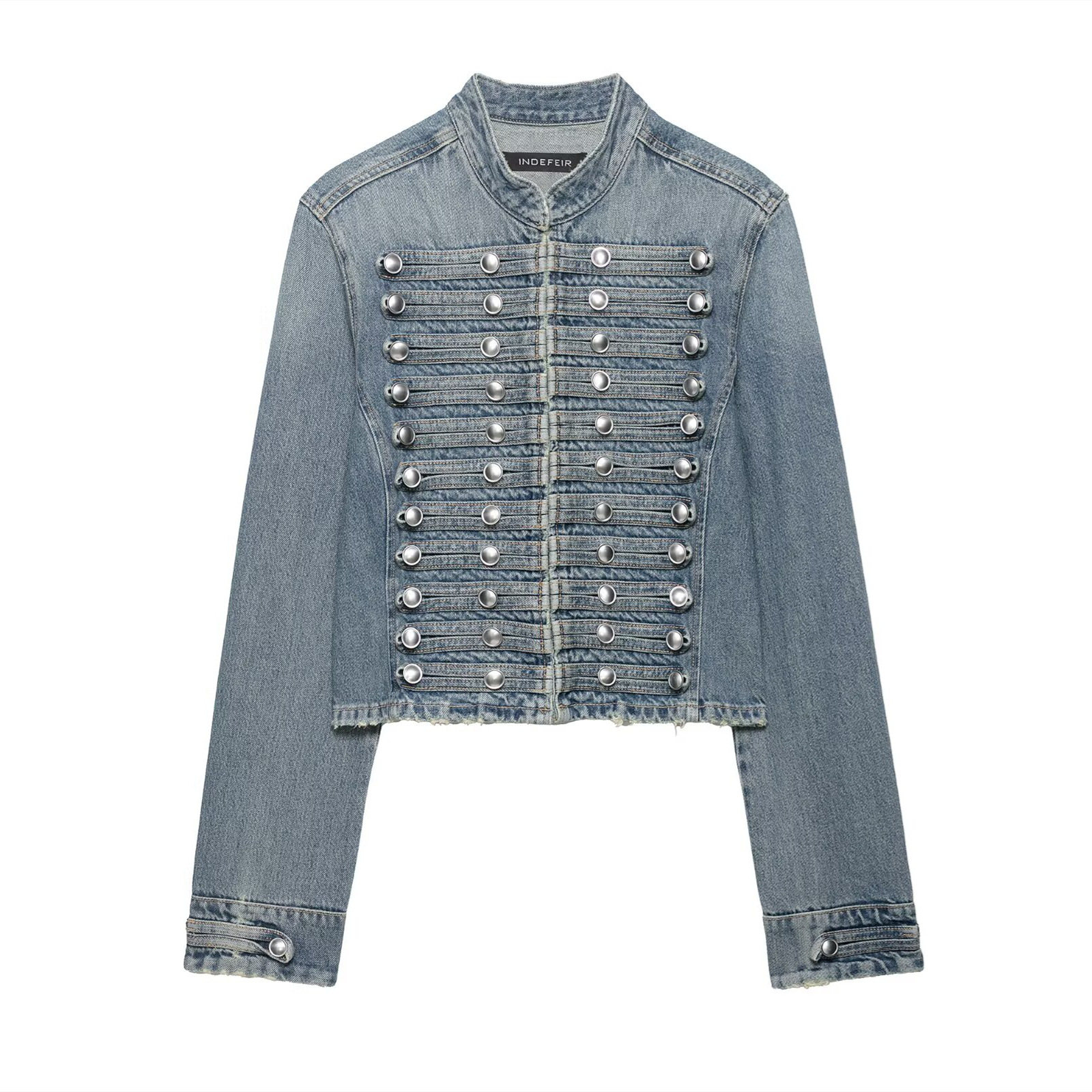 Metal-button Denim Jacket And Low-rise Shorts Set