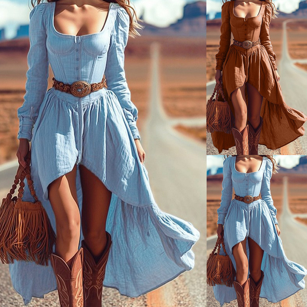 Rochie retro western pentru femei, cu mâneci lungi, în stil casual, europeană și americană, de culoare uni, fără curea, model „Independent Cross-Border 2025”