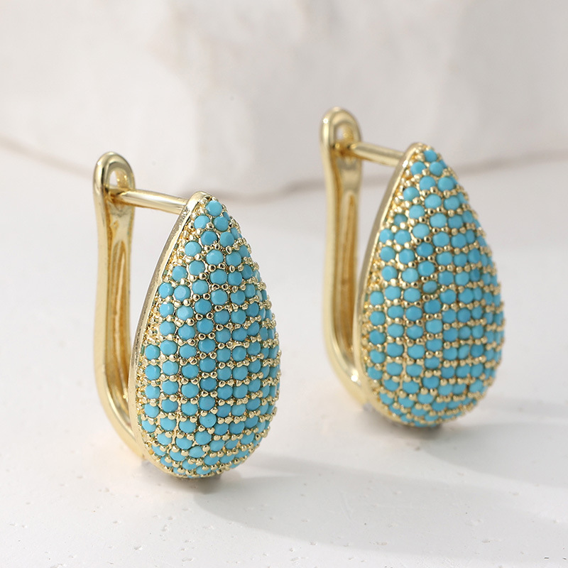 Turquoise Color Teardrop Hoop Earrings Gold Tone Brass Women Elegant Daily Party Fashion Jewelry Versatile
