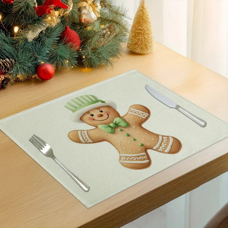 Christmas Gingerbread Man Placemat Polyester Textured Dining Table Holiday Party Home Decor Festive Kitchen Mat 6