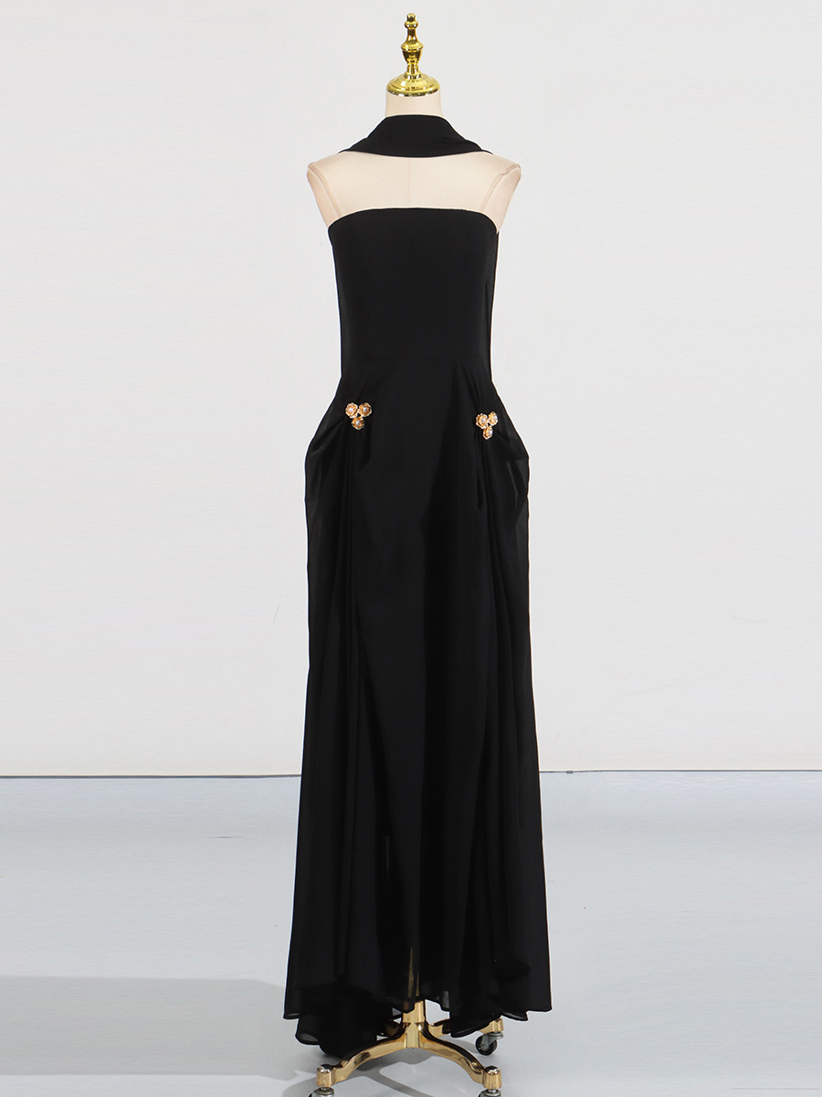 Black Lace Bodice Twist-Waist Midi Evening Dress