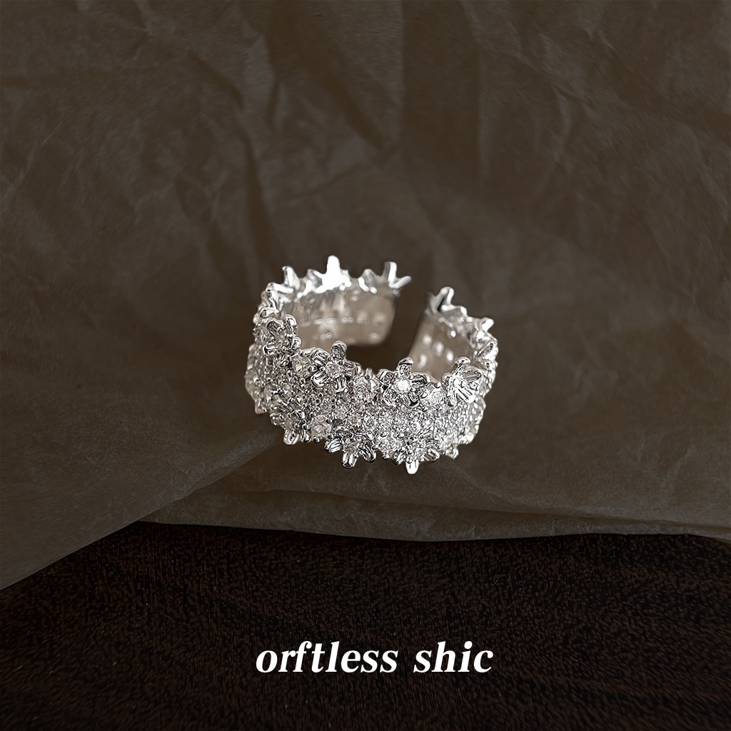 Flower Ring, Inlaid Zircon, Real White Gold Plated, Color Retention, Adjustable Open Band, Fashion Premium Finger Ring For Index Finger product image