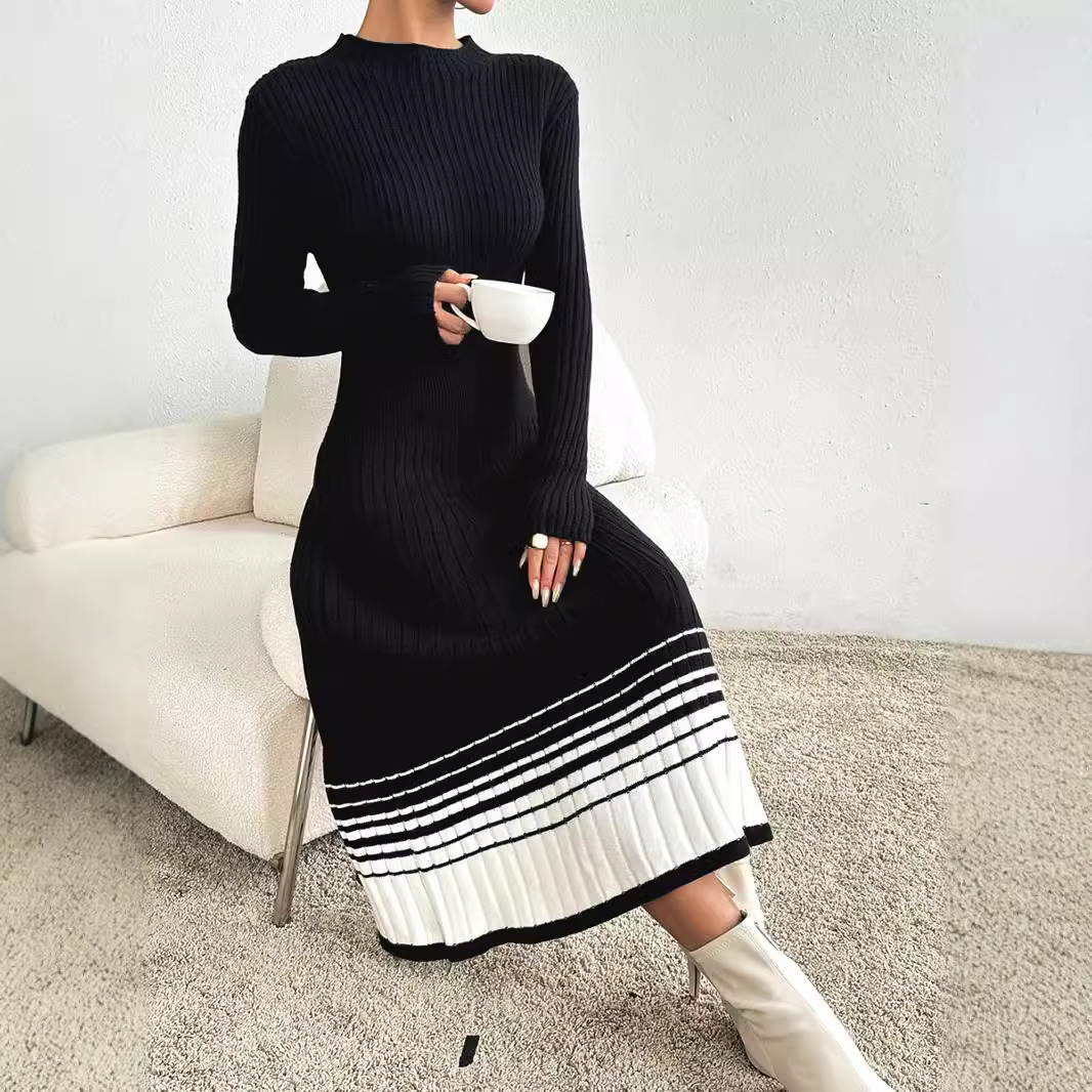 Women's Sweater Dress Black And White Striped Pleated Skirt Sweater Dress Dress Cross-border Amazon Explosions product image