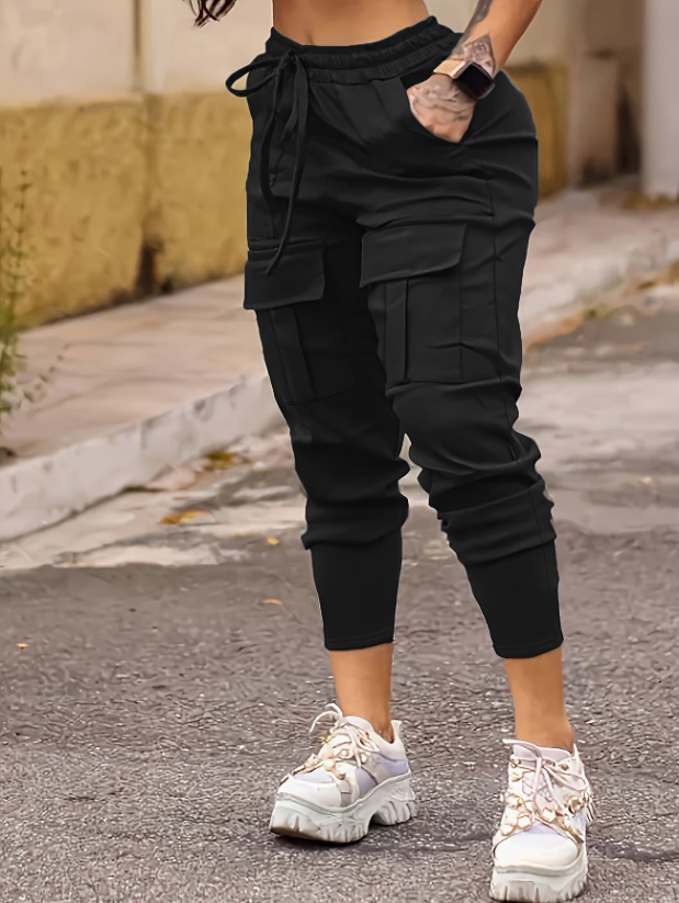 Women's High Waist Cargo Pants Drawstring Multi Pockets Stretchy Casual Pants Fashion Versatile Solid Color Long Trousers