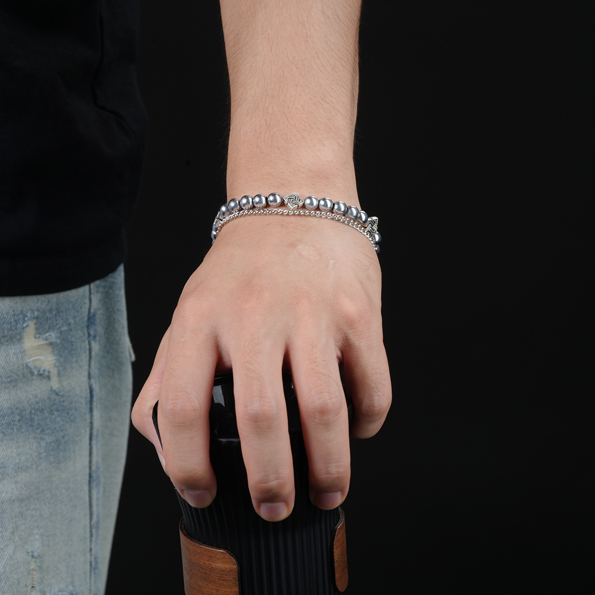 Square Swirl Pattern Hematite Double Layer Men