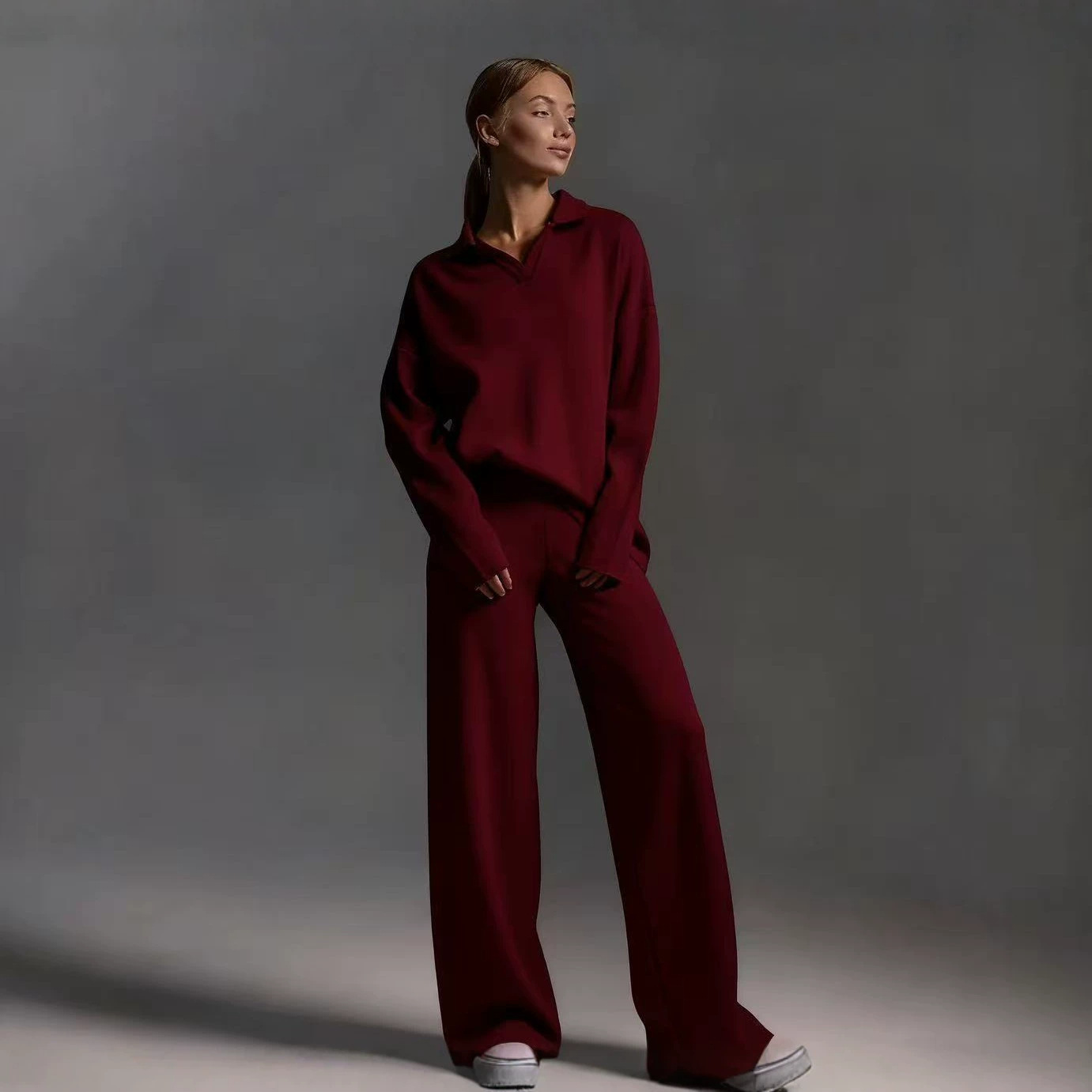 2026 Fashion Amazon TikTok Cross-border European And American Solid Color Autumn Winter Suit With Polo Neck And Wide Leg Pants Two Piece Set For Women