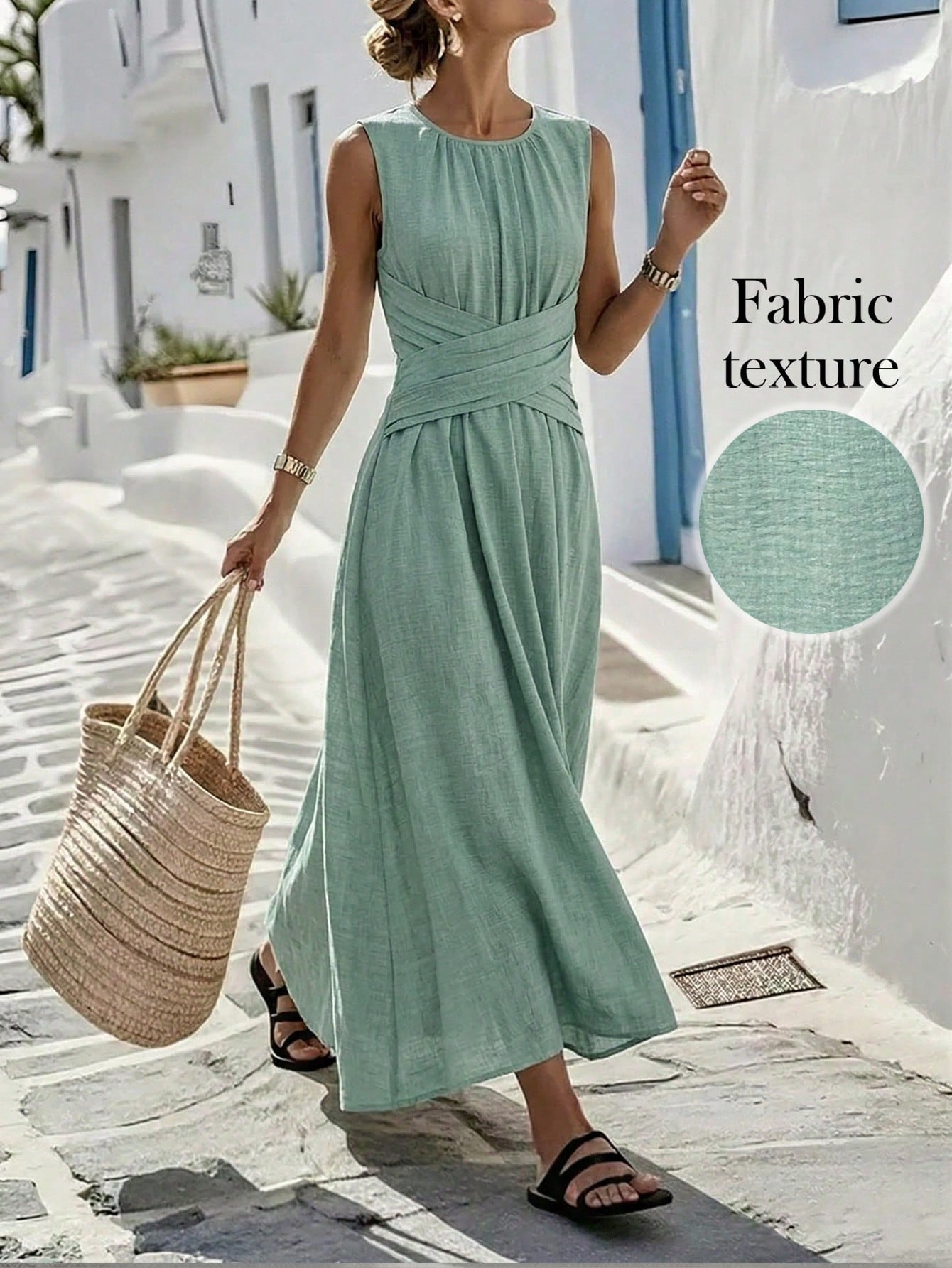 2026 European And American Summer New Sleeveless Solid Color Dress, Waist Cinching Long Skirt, Vacation Style Fashionable Women's Clothing