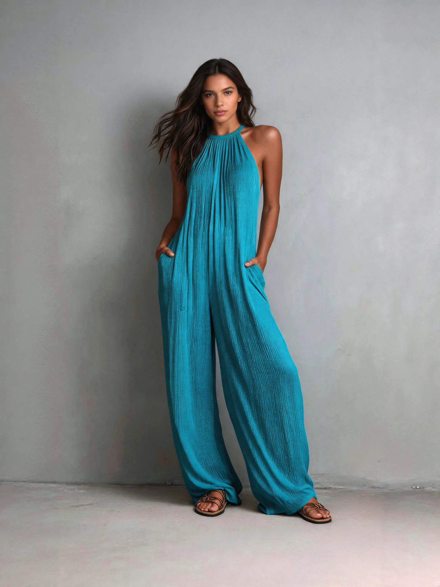 Cross-Border Foreign Trade Women's Clothing European And American Style Halter Neck Sleeveless Vacation Style White Pleated Backless Wide-Leg Jumpsuit — image 7 of 10