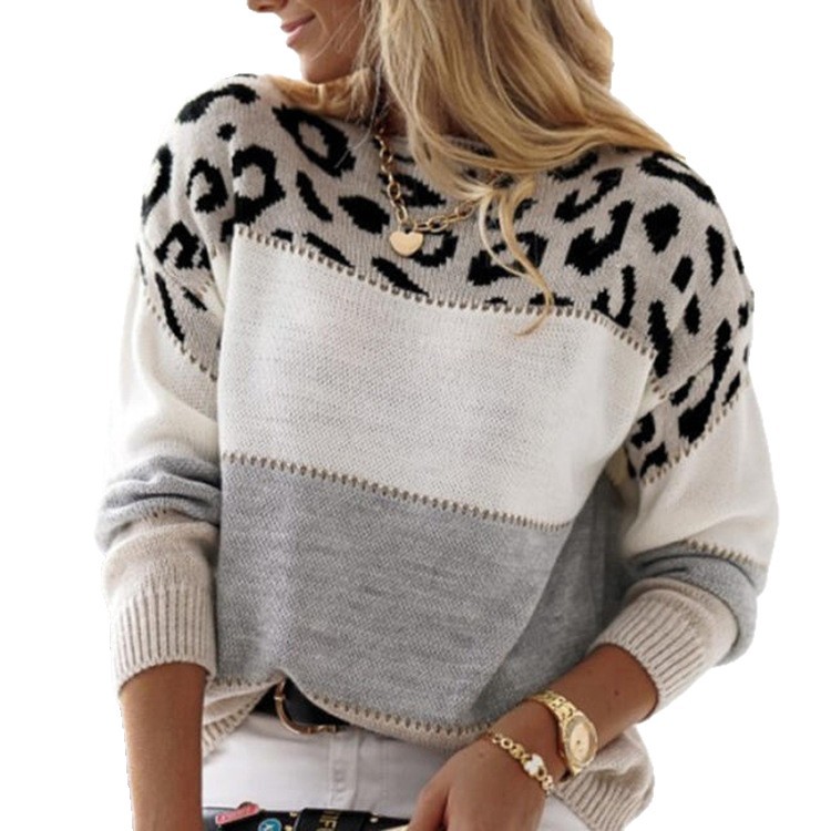 Knitwear Women's New Versatile Leopard Print Pullover Top Color-Blocked
