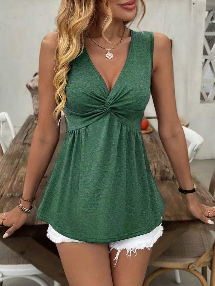 2026 European And American Sleeveless V-neck Design With A Twisted And Wrinkled Chest, Waist Cinching Vest, Women's T-shirt