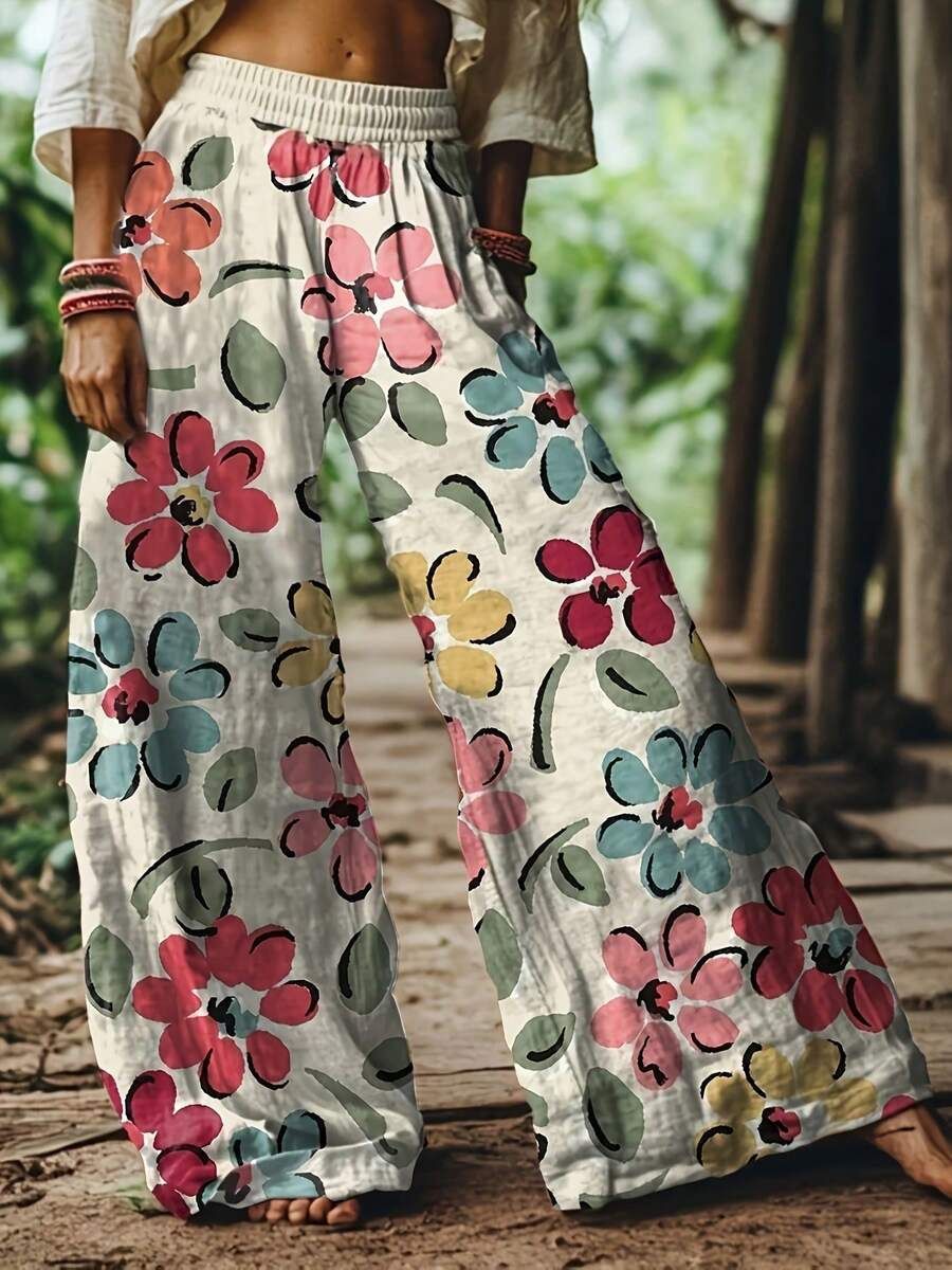 European And American Cross-Border 2026 Spring Summer New Bohemian Style Printed High-Waisted Elastic Waist Ethnic Style Wide-Leg Pants