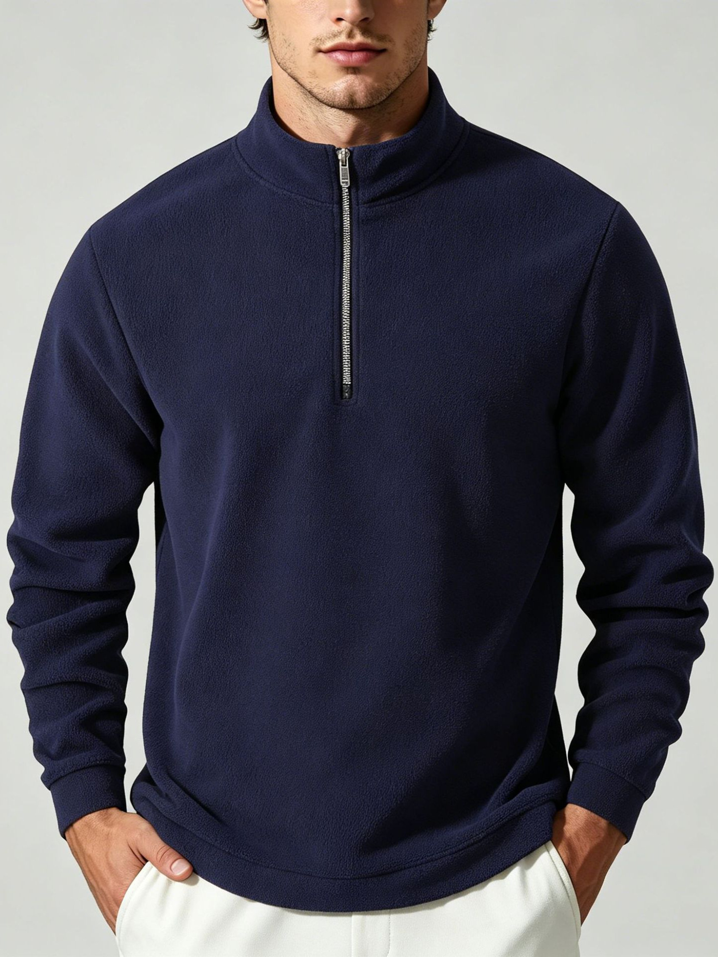 Cross-border European Size Men's Winter Fleece Half-Zip Sweatshirt, Stand Collar Two-way Wear Loose Warm Casual Pullover Wholesale