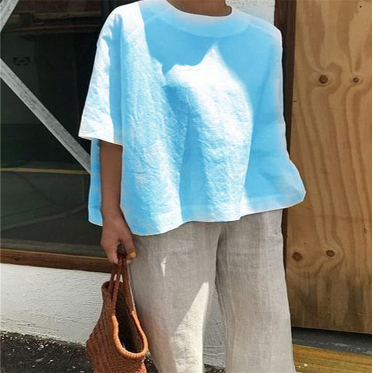 Solid Color Loose Round-neck Women's Shirt, European Style, Casual Style, Short Sleeve, Solid Color — image 5 of 10