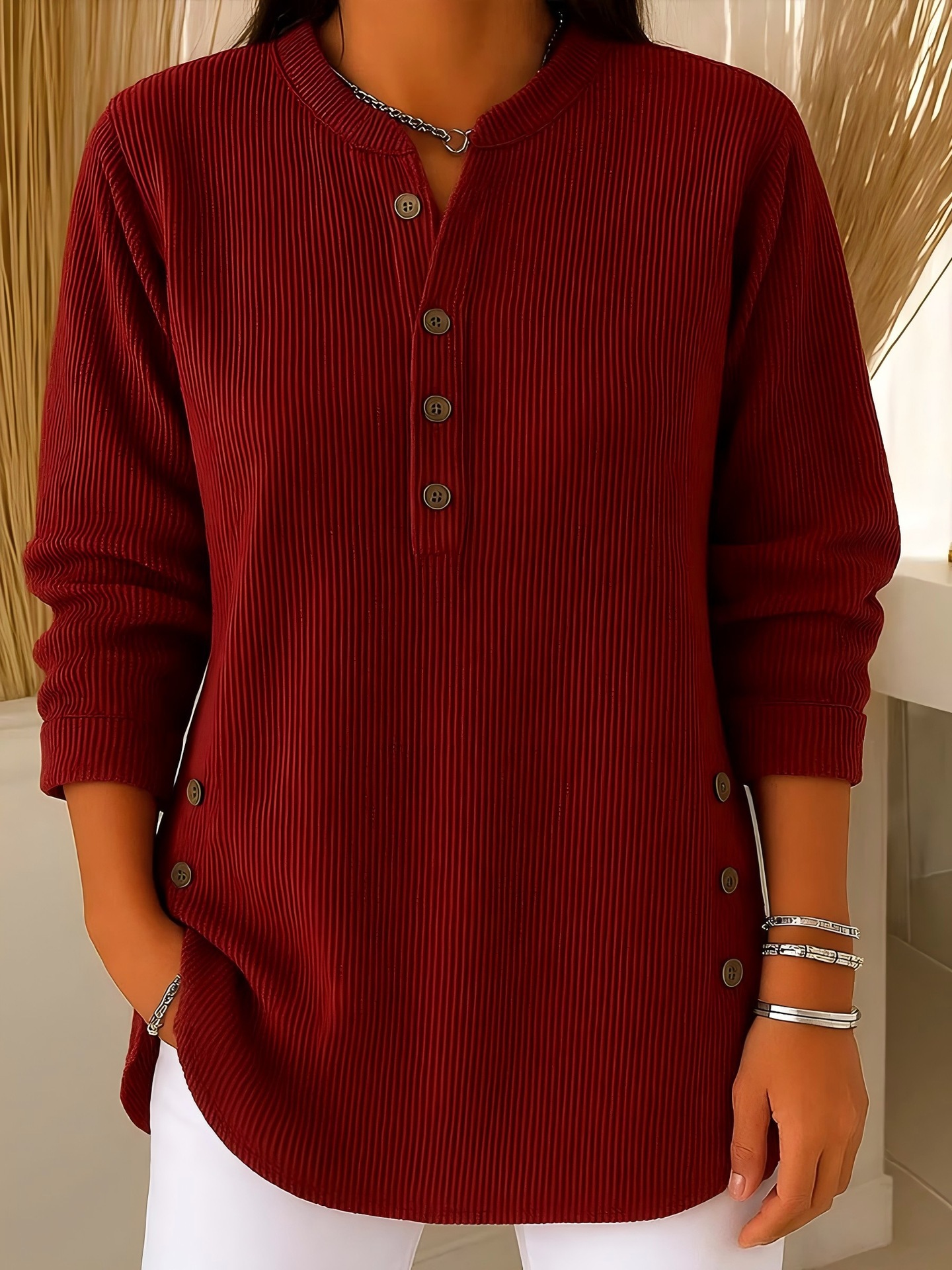 2026 Women's European And American Autumn Winter New Arrival Fleece Solid Color Loose Casual V Neck Button Up Long Sleeve Top T Shirt