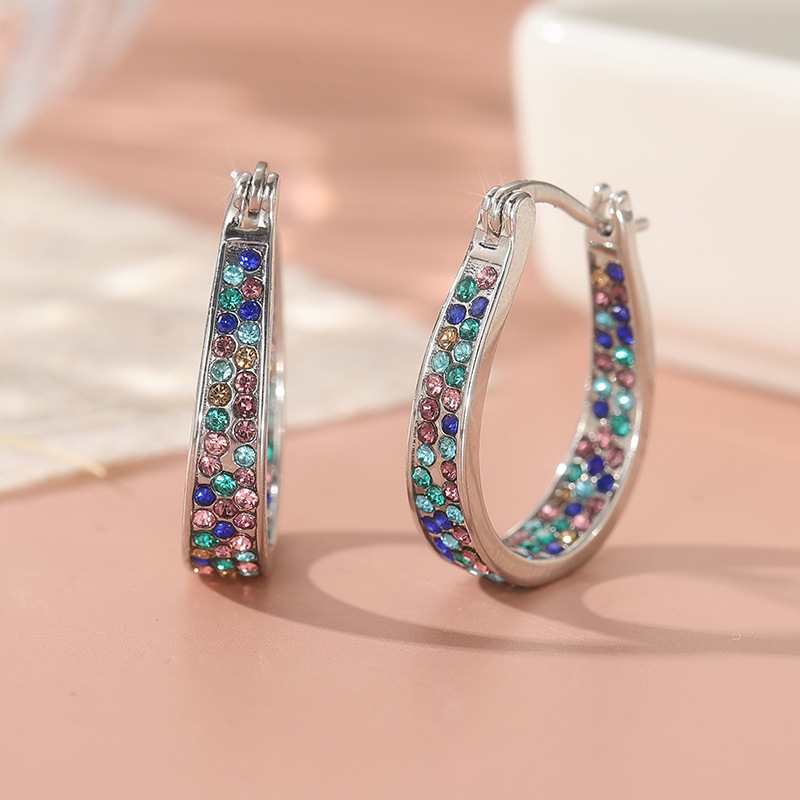 Colorful Crystal Turquoise Color Hoop Earrings Silver Tone Brass Women Party Fashion Jewelry Elegant Versatile 1