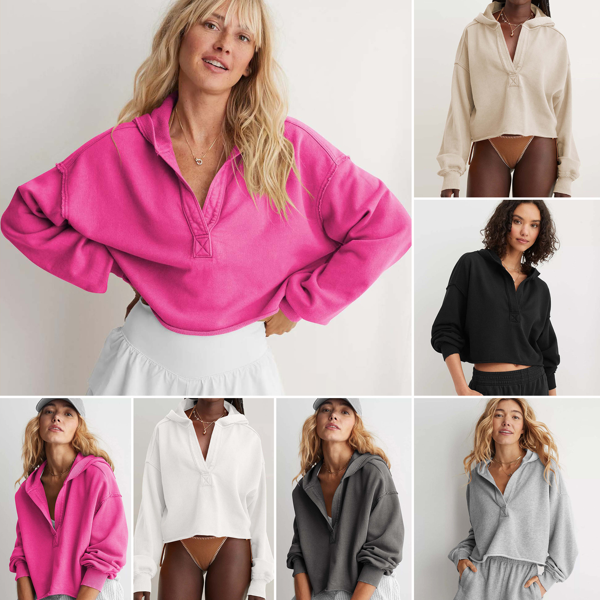 Cross-Border Fashion Loose Trendy Brand Hooded Sweatshirt For Women, Spring And Autumn European And American Style V-Neck Pullover Long-Sleeve Shirt  Solid Color