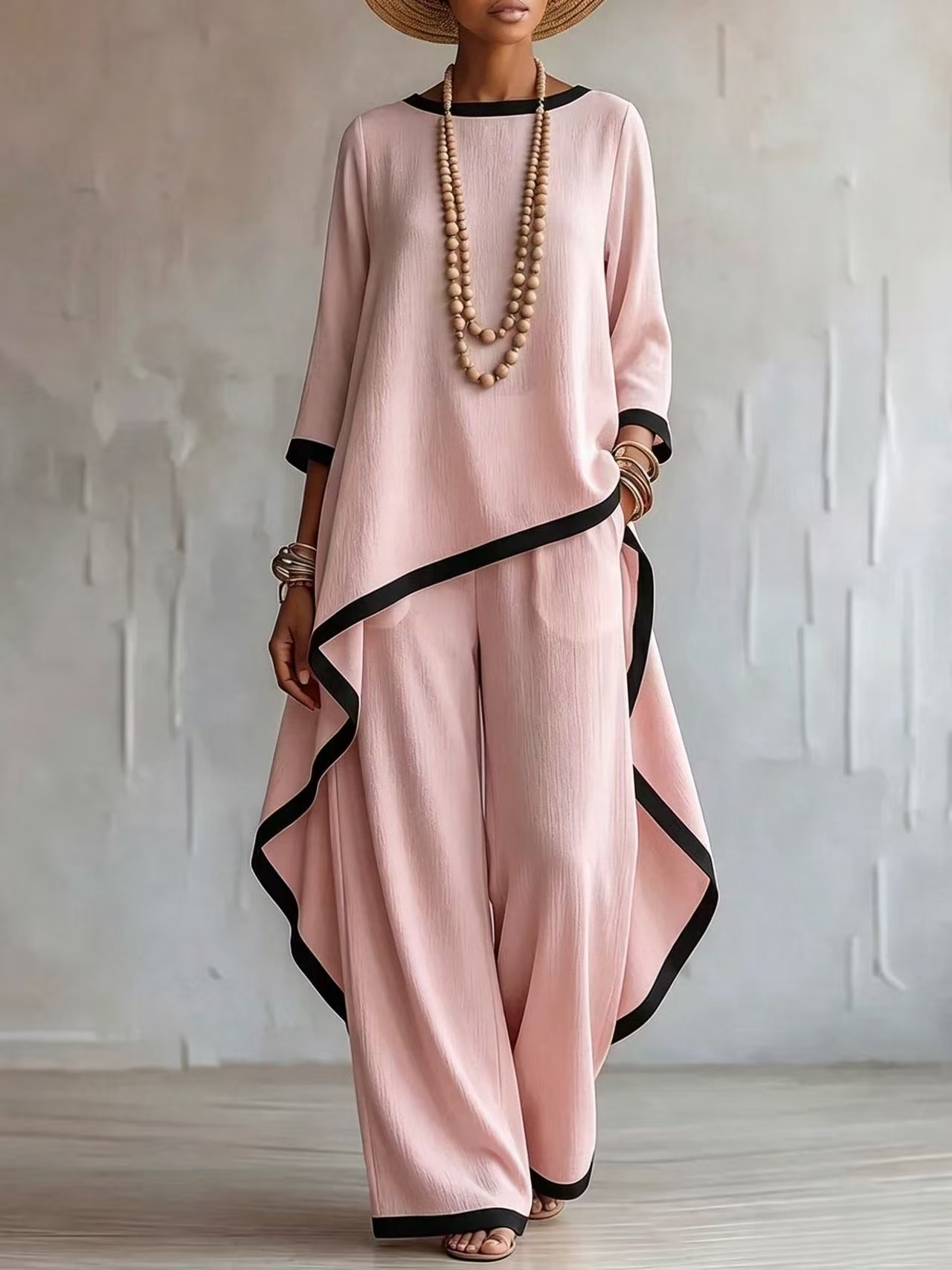 European And American Cross-Border New Style Old Money Style Cotton And Linen Irregular Design Long-Sleeve Blouse And Wide-Leg Pants Two-Piece Women's Set