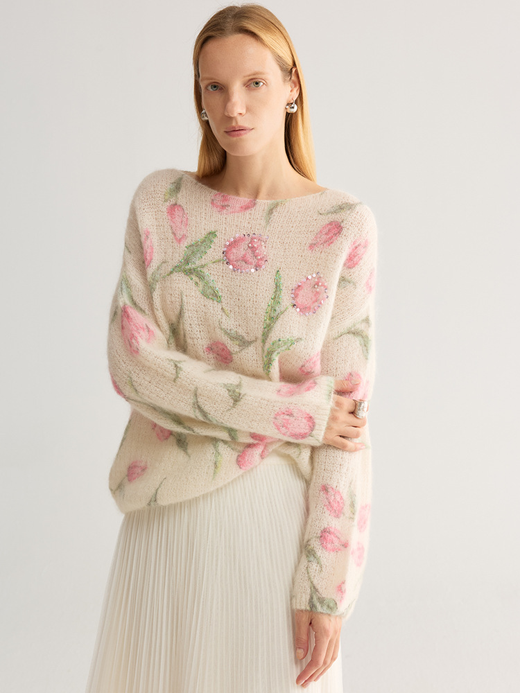Sequin Tulip Floral Mohair-Blend Off-the-Shoulder Knit Top