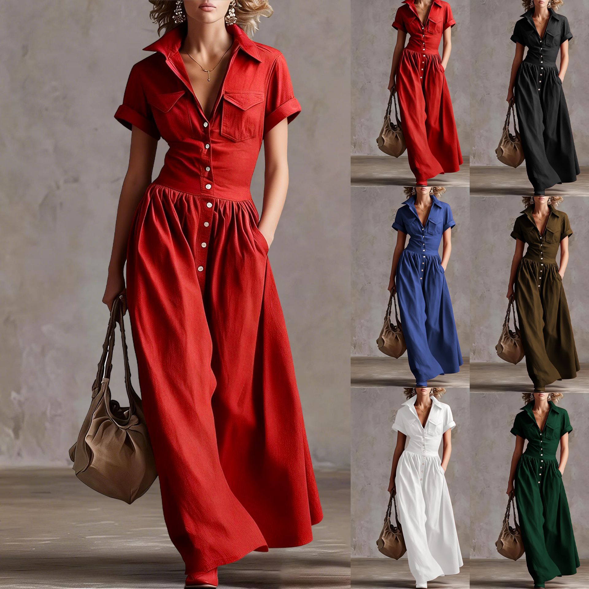 Summer New Style European And American Cross-Border Foreign Trade Supply Pure Color Fashionable Western Style Women's Short-Sleeved Long Dress