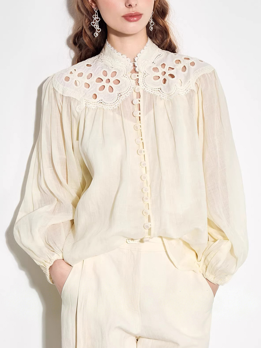 Vintage Cutout Eyelet Lace Collar Button-Up Blouse