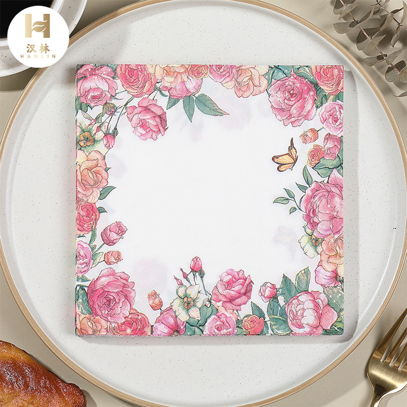 Printed Napkin Cross Border Holiday Party Tableware Decorative Square Tissue Butterfly Floral Disposable Tissue Wholesale