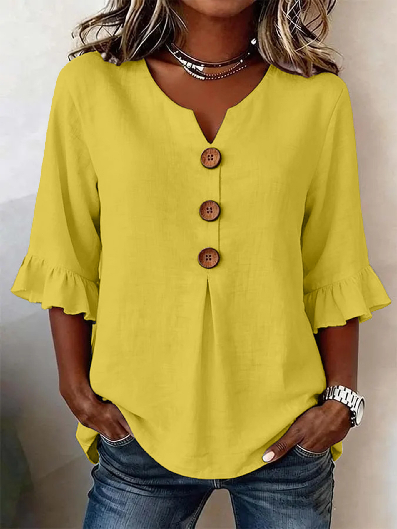 2026 Summer Women's V Neck Cotton Linen Button Up Shirt Solid Color Button Design Short Sleeve — image 9 of 15