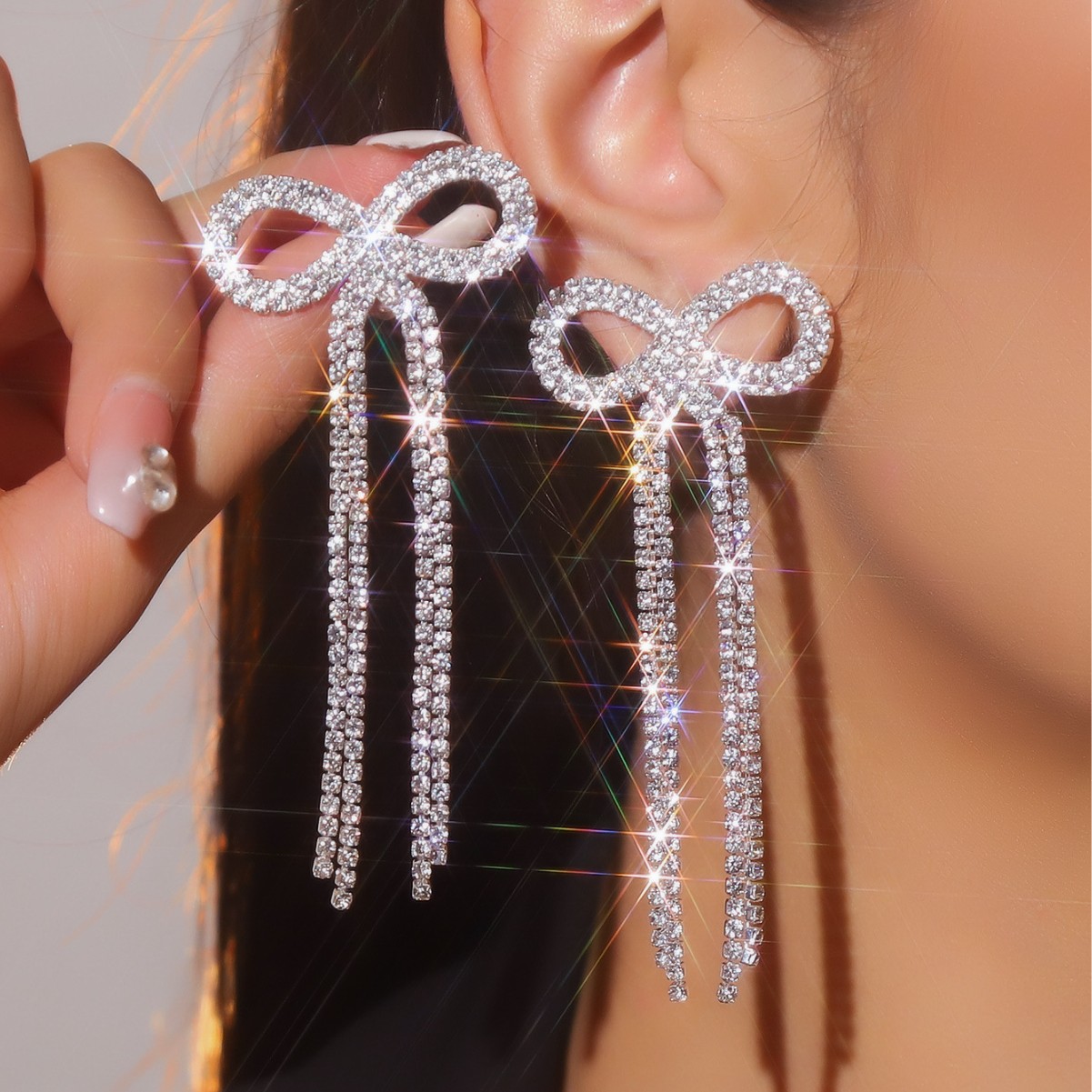 Dingca's New Versatile Bow Long Tassel Earrings, Stylish And Shiny Rhinestone Earrings And Earrings