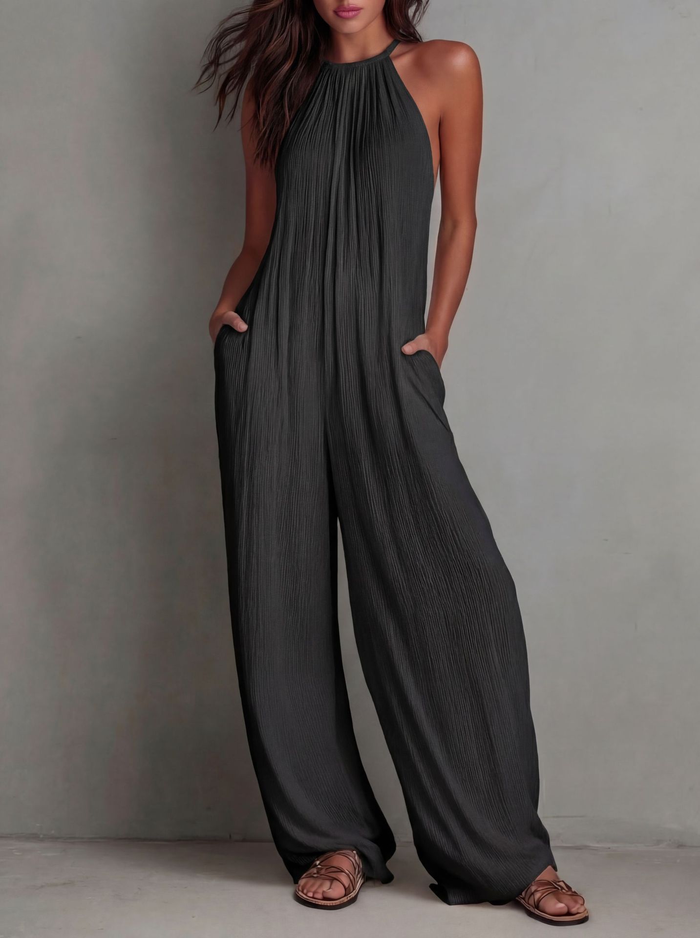 Cross-Border Foreign Trade Women's Clothing European And American Style Halter Neck Sleeveless Vacation Style White Pleated Backless Wide-Leg Jumpsuit — image 5 of 10