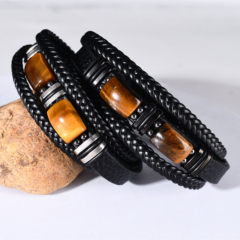European And American Cross-Border Hot-Selling Tiger Eye Stone Bracelet For Men, Multi-Layer Leather Rope Bracelet, Stone Bracelet With Magnetic Clasp, Men's Jewelry