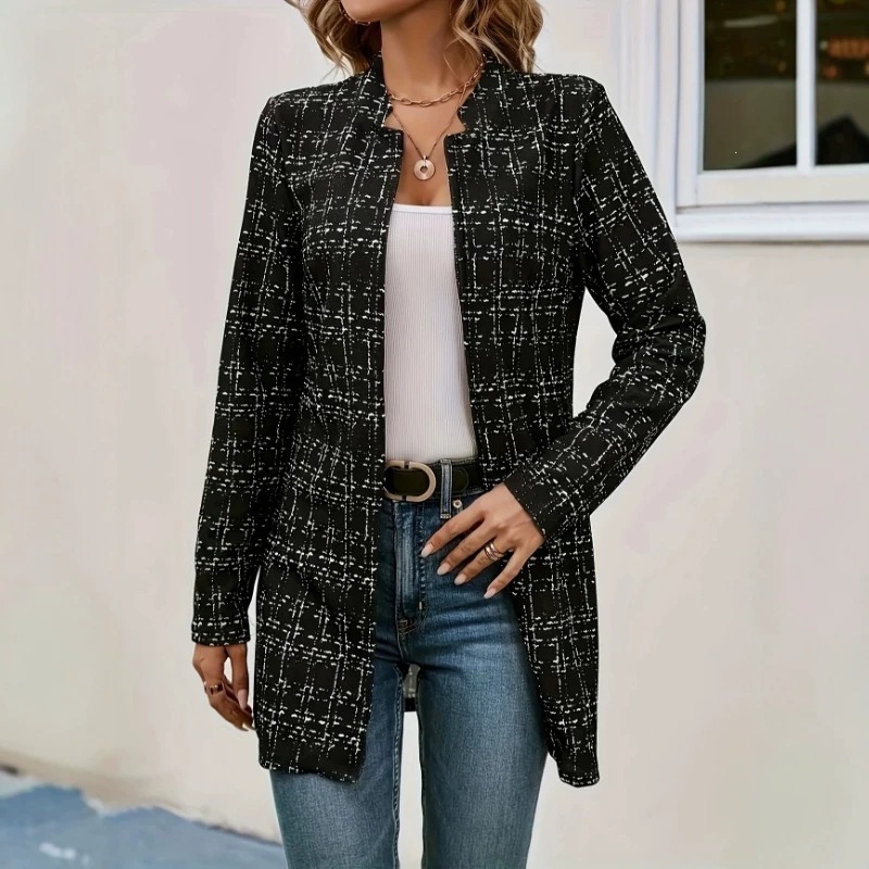 Amazon Independent Station Cross-Border Spring And Autumn Women's Casual Elegant Plaid Cardigan Long Blazer product image