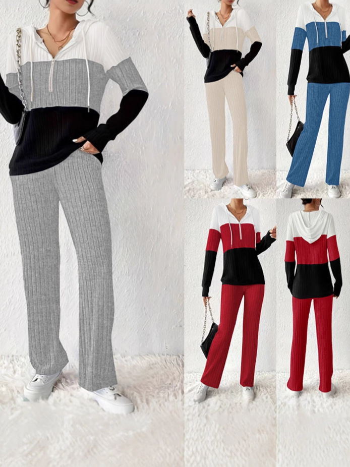 Autumn And Winter Color Matching Hooded Top Two-Piece Set Simple Fashion Sweatshirt And Sweatpants Suit