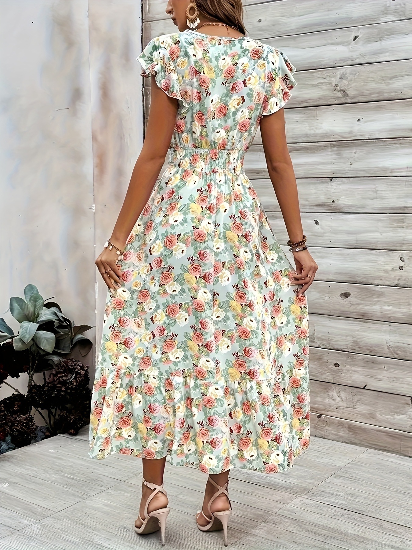 Elegant Floral Wrap Dress Back View