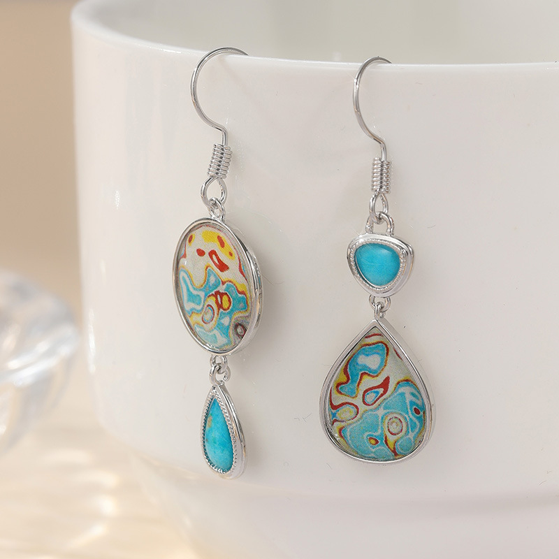 Vintage Colorful Abstract Stone Asymmetric Drop Earrings